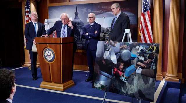 U.S. Sen. Bernie Sanders, joined by fellow Democratic senators Chris Van Hollen, Jeff Merkley and Peter Welch, appears at a press conference on restricting arms sales to Israel at the U.S. Capitol on Nov. 19, 2024 in Washington, D.C.(Kevin Dietsch/Getty Images)