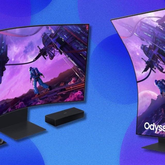 the 55-inch Samsung Odyssey arc curved gaming monitor on a blue background