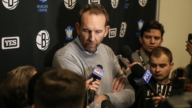 Feb 9, 2023; Brooklyn, New York, USA; Brooklyn Nets General Manager Sean Marks addresses the media prior to the game against the Chicago Bulls at Barclays Center. Mandatory Credit: Wendell Cruz-Imagn Images