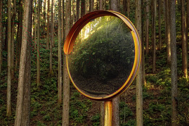 Mirror, Round convex traffic mirror between the trees outdoor in the forest of Mount Hiwada at daytime on the countryside of Japan.