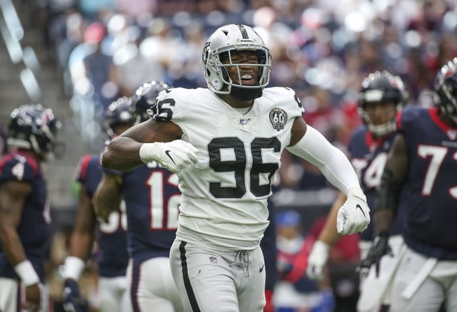 Oct 27, 2019; Houston, TX, USA; Oakland Raiders defensive end Clelin Ferrell (96) reacts after a play during the first quarter against the Houston Texans at NRG Stadium. Mandatory Credit: Troy Taormina-USA TODAY Sports