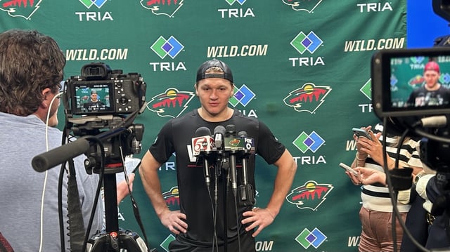 Kirill Kaprizov chats with media on opening day of Minnesota Wild training camp at the TRIA Rink in St. Paul. (KSTP / Chris Long)