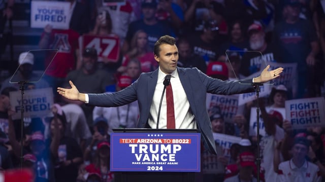Charlie Kirk speaks at a Trump campaign rally in Glendale, Ariz., on Aug. 23, 2024. Photo: Rebecca Noble/Getty Images