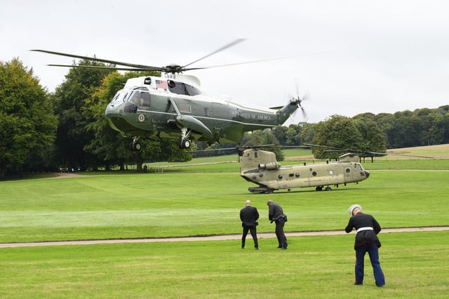Marine One comes in to land as US President Donald Trump arrives at Chequers, near Aylesbury in Buckinghamshire, ahead of a meeting with Prime Minister Sir Keir Starmer on day two of the president's second state visit to the UK.