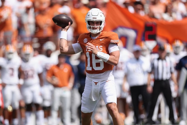 Arch Manning #16 of the Texas Longhorns throws a pass in the first quarter against the UTEP Miners at Darrell K Royal-Texas Memorial Stadium on September 13, 2025 in Austin, Texas.