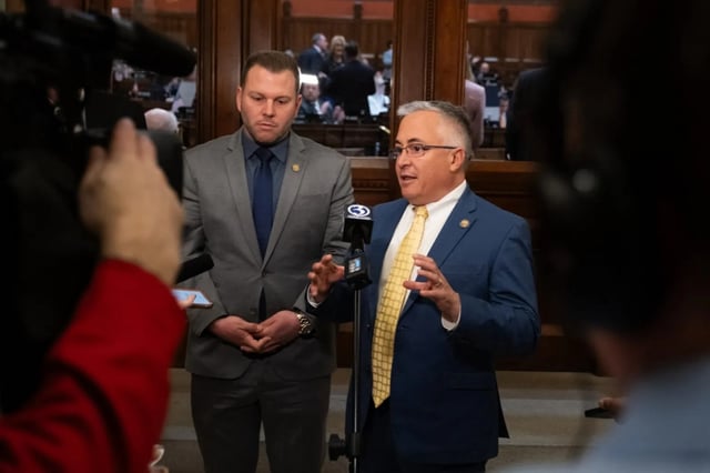 State Rep. Joe Polletta, left, and House Republican leader Vincent Candelora of North Branford have both called for deeper cuts in electric bills by eliminating the public benefits charges. They are shown at the state Capitol in Hartford. (Shahrzad Rasekh/CT Mirror)