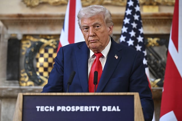 President Donald Trump attends a joint press conference with Britain's Prime Minister Keir Starmer at Chequers near Aylesbury, England, Thursday, Sept. 18, 2025.