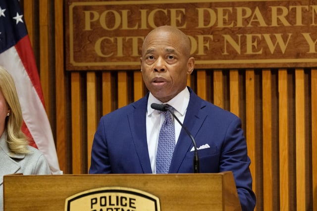 Mayor Eric Adams speaks at a press conference at police headquarters in Manhattan, New York City on Thursday, Sept. 18, 2025. (Gardiner Anderson / New York Daily News)