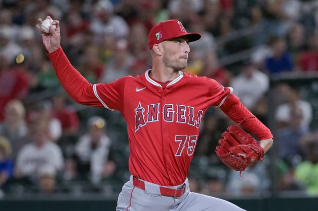 Aug 15, 2025; West Sacramento, California, USA; Los Angeles Angels pitcher Connor Brogdon (75) throws a pitch against the Athletics during the fifth inning at Sutter Health Park. Mandatory Credit: Ed Szczepanski-Imagn Images/File Photo