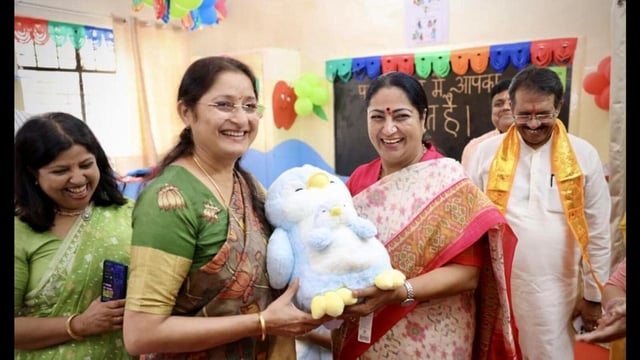 Union Minister for Women and Child Development Annapurna Devi and Delhi CM Rekha Gupta inaugurate 502 Anganwadi-cum-Creche Centres in New Delhi on Thursday. (HT PHOTO)