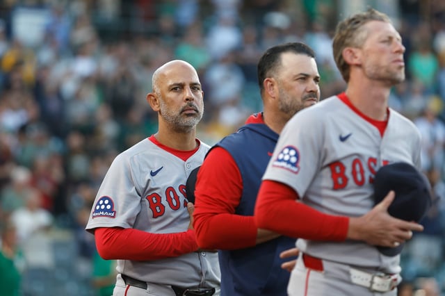 SACRAMENTO, CALIFORNIA - SEPTEMBER 08: Manager Alex Cora #13 of the Boston Red Sox looks on before the game against the Athletics at Sutter Health Park on September 08, 2025 in Sacramento, California.