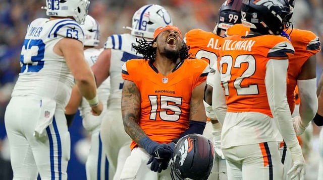 Denver Broncos linebacker Nik Bonitto (15) reacts after a missed field goal by Indianapolis Colts place kicker Spencer Shrader (3) on Sunday, Sept. 14, 2025, during a game at Lucas Oil Stadium in Indianapolis. A penalty on the Broncos game Shrader a second attempt which he made to win the game. Grace Hollars/IndyStar / USA TODAY NETWORK via Imagn Images