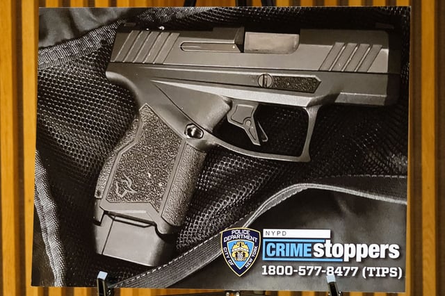 A picture of a recovered gun is displayed at a press conference at police headquarters in Manhattan, New York City on Thursday, Sept. 18, 2025. (Gardiner Anderson / New York Daily News)
