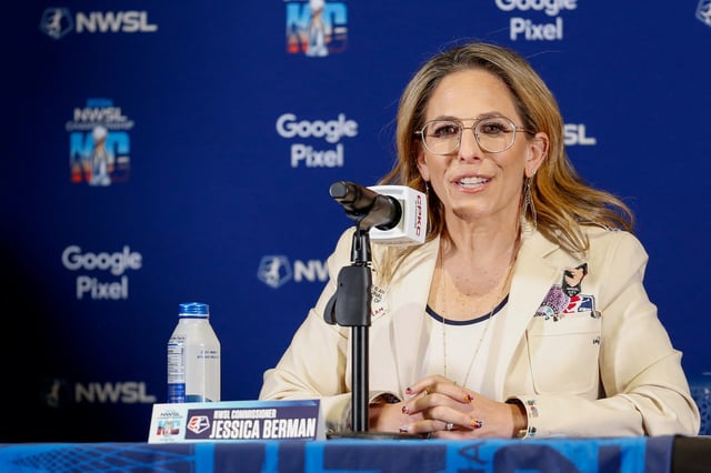 Nov 22, 2024; Kansas City, Missouri, USA; National Women’s Soccer League commissioner Jessica Berman answers a question during a press conference ahead of the 2024 NWSL Championship match between the Orlando Pride and the Washington Spirit at CPKC Stadium. Mandatory Credit: Kylie Graham-Imagn Images/File Photo