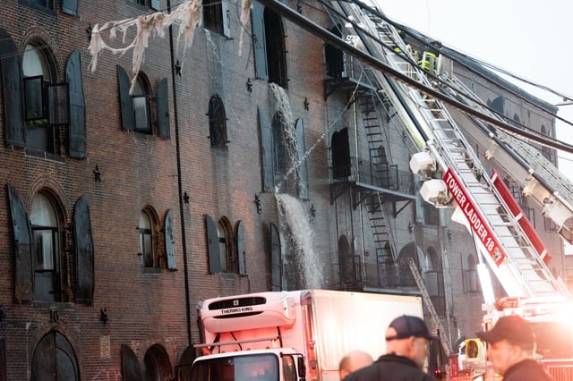 Firefighters respond to a five-alarm fire at a warehouse at 481 Van Brunt Street in Red Hook, Brooklyn, New York City on Thursday, Sept. 18, 2025. (Gardiner Anderson / New York Daily News)