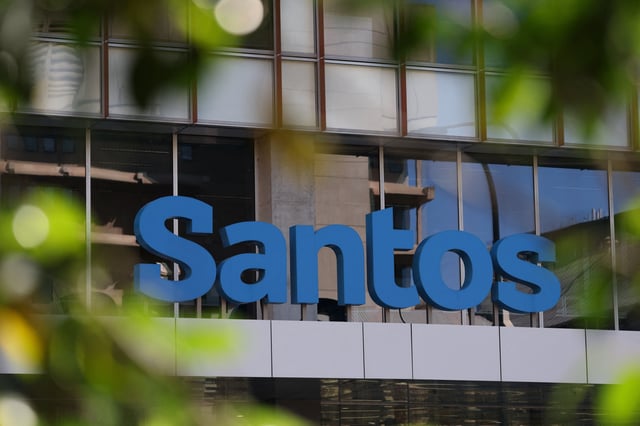A Santos logo is visible outside their headquarters in Adelaide, Australia, September 18, 2025. REUTERS/Hollie Adams