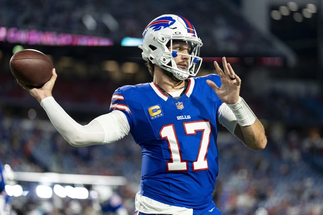 Josh Allen #17 of the Buffalo Bills looks to pass during an NFL football game against the Miami Dolphins at Highmark Stadium on September 18, 2025 in Orchard Park, New York.