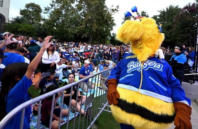 Maverick, the mascot of the Ontario Tower Buzzers, the Single-A affiliate of the Los Angeles Dodgers, greets the crowd for the first time at Ontario Town Square in downtown Ontario on Thursday, Sept. 18, 2025. The Ontario Baseball Club announced the name and mascot of the new team ahead of the 2026 minor league season. (Photo by Will Lester, Inland Valley Daily Bulletin/SCNG)