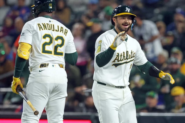 Shea Langeliers, right, and the A's will face the Pirates at 3:30 p.m. Friday. (NBCSCA)