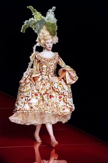Marie Antoinette has provided inspiration for countless designers, including John Galliano. Galliano recreated Rococo French finery and piled-high hair for his Fall-Winter 2000 couture show at Dior.