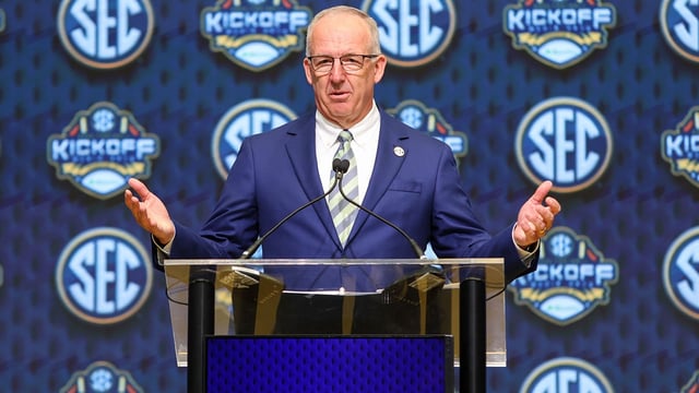 Jul 16, 2025; Atlanta, GA, USA; SEC commissioner Greg Sankey speaks to the media during the SEC Media Day at Omni Atlanta Hotel. Mandatory Credit: Jordan Godfree-Imagn Images