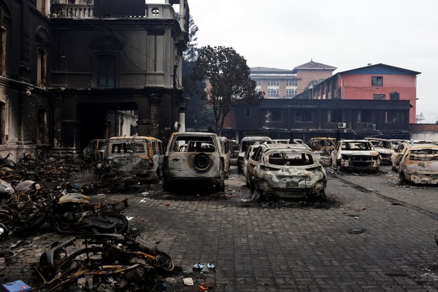 Burnt vehicles stand at the department of road following the deadly anti-corruption protests triggered by a social media ban, which was later lifted, in Kathmandu, Nepal, September 11, 2025. REUTERS/Navesh Chitrakar