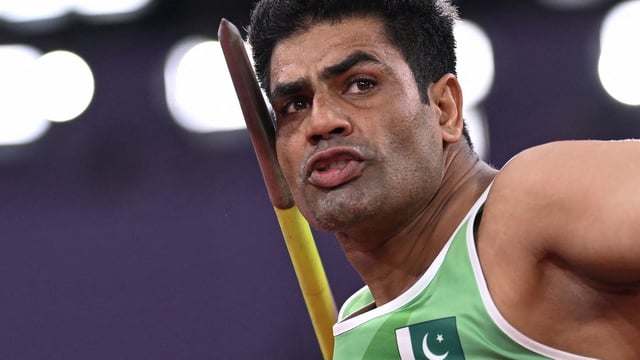Pakistan's athlete Arshad Nadeem competes in the men's javelin throw final during the World Athletics Championships.