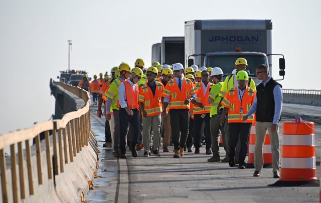 Governor Wes Moore and elected officials tour some of the demolition being done at the Francis Scott Key Bridge. (Lloyd Fox/Staff)