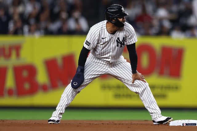 NEW YORK, NEW YORK - SEPTEMBER 10: Trent Grisham #12 of the New York Yankees looks o during the game against the Detroit Tigers at Yankee Stadium on September 10, 2025 in the Bronx borough of New York City.