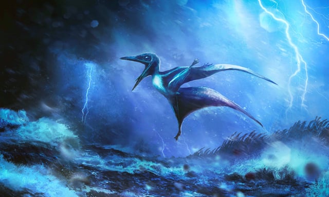 An artist’s impression of a tiny Pterodactylus hatchling struggling against a raging tropical storm about 150 million years ago during the Jurassic Period, inspired by fossil discoveries in Germany. Pterodactylus is a genus of pterosaur, the flying reptiles that lived during the age of dinosaurs. The image was released by the University of Leicester on September 5, 2025. Rudolf Hima/Handout via REUTERS