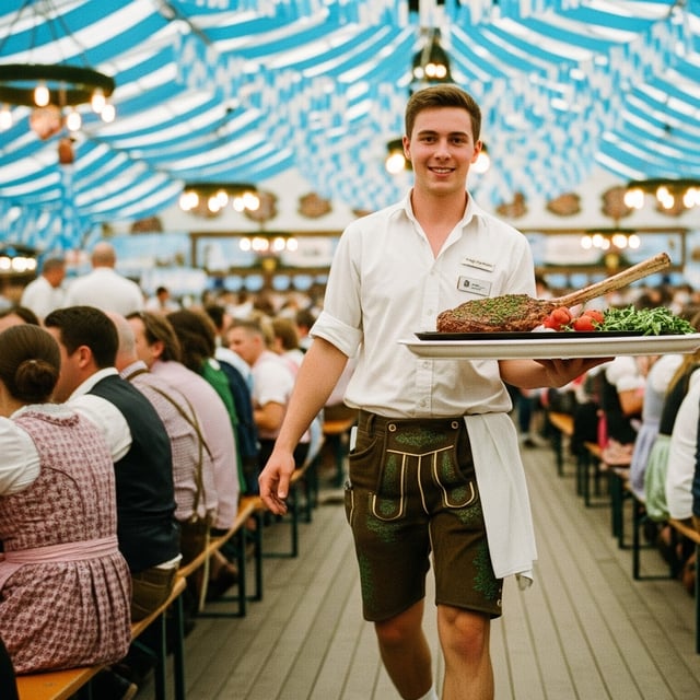 Ein Kellner trägt ein Steak auf einem Tablett durch ein bayerisches Bierzelt.