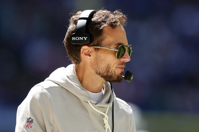 INDIANAPOLIS, INDIANA - SEPTEMBER 07: Head coach Mike McDaniel of the Miami Dolphins looks on during the second quarter against the Indianapolis Colts during the game at Lucas Oil Stadium on September 07, 2025 in Indianapolis, Indiana.