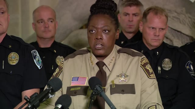 Hennepin County Sheriff Dawanna Witt speaks at a news conference alongside other Hennepin County police chiefs on Friday, Sept. 19, 2025, at Minneapolis City Hall. (KSTP)