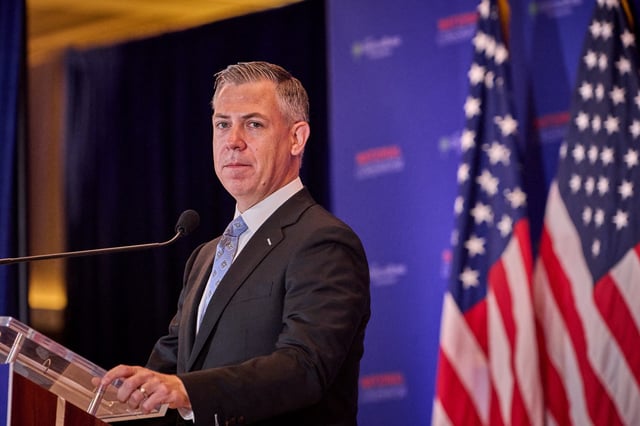 Senator Jim Banks speaks at the National Conservatism Conference in Washington on September 3, 2025.
