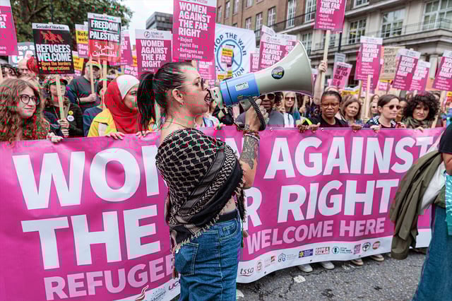 Women take part in a March Against Fascism organised by Stand Up To Racism by way of counter-protest to the Unite the Kingdom demonstration led by far-right activist Tommy Robinson. Photo: Mark Kerrison/Alamy Live News