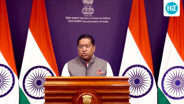 Ministry of External Affairs official spokesperson Randhir Jaiswal addresses a press conference, in New Delhi. (@MEAIndia via PTI Photo)