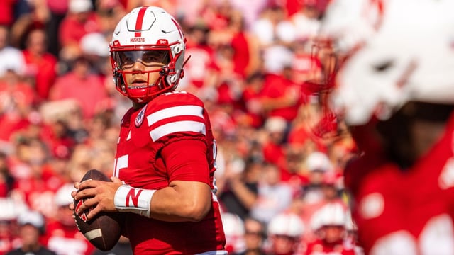Sep 13, 2025; Lincoln, Nebraska, USA; Nebraska Cornhuskers quarterback Dylan Raiola (15) looks to pass against the Houston Christian Huskies during the first quarter at Memorial Stadium. Mandatory Credit: Dylan Widger-Imagn Images