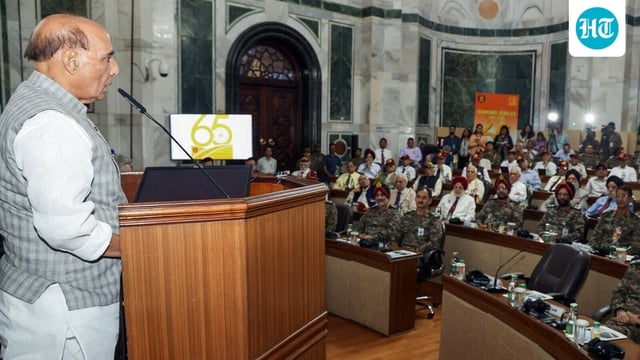 Defence minister Rajnath Singh addressing veterans and the families of the fallen war heroes of the 1965 war at an event organised by the Indian Army to celebrate 60th Anniversary of the 1965 India-Pakistan war at South Block, 