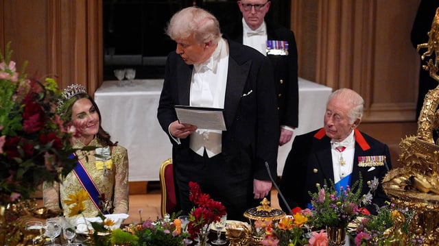 US President Donald Trump speaks to Britain's Catherine, Princess of Wales as he delivers a speech during a State Banquet at Windsor Castle, in Windsor, on September 17, 2025, during the US President's second State Visit. US President Donald Trump arrived in Britain for an unprecedented second State Visit, with the UK government rolling out a royal red carpet welcome to win over the mercurial leader. (Photo by Yui Mok / POOL / AFP) (Photo by YUI MOK/POOL/AFP via Getty Images) 