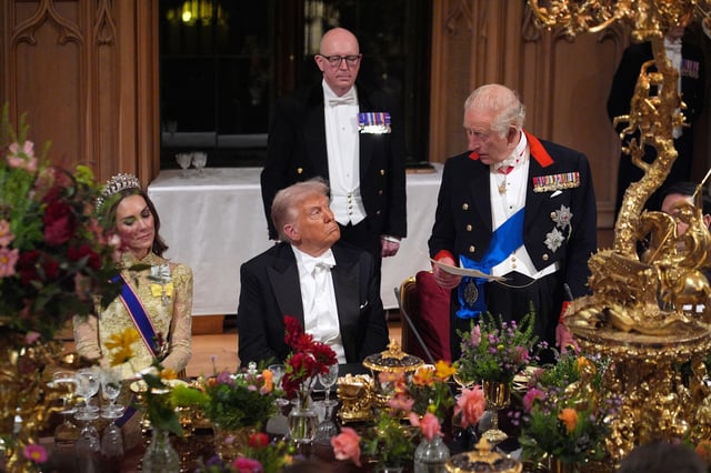 King Charles delivering his speech at the State Banquet at Windsor Castle for Donald Trump's State visit on September 17, 2025. 