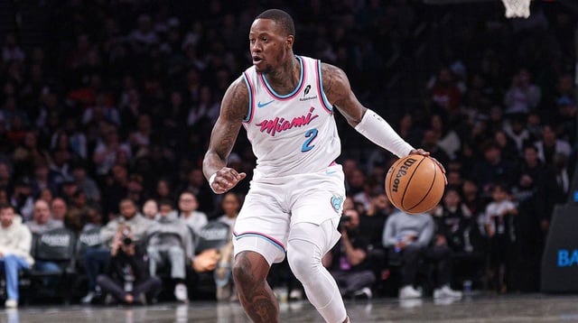 Feb 7, 2025; Brooklyn, New York, USA; Miami Heat guard Terry Rozier (2) dribbles up court during the second half against the Brooklyn Nets at Barclays Center. Mandatory Credit: Vincent Carchietta-Imagn Images