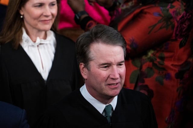 Supreme Court Justices Brett Kavanaugh and Amy Coney Barrett arrive for President Joe Biden’s State of the Union address in the House Chamber of the U.S. Capitol on Tuesday, Feb. 7, 2023.