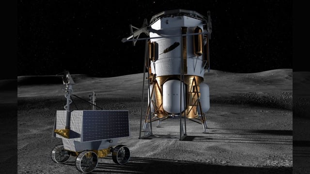 Artist’s concept of Blue Origin’s Blue Moon Mark 1 lander with NASA’s VIPER rover on the Moon.