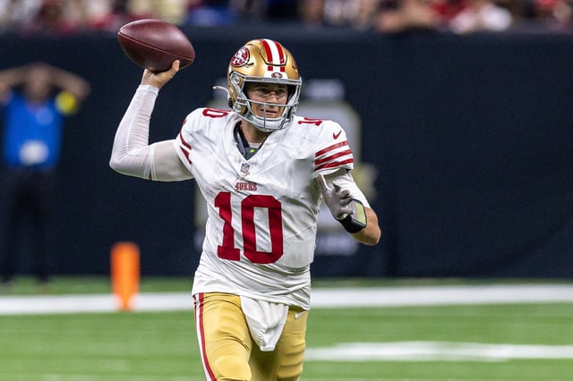 Sep 14, 2025; New Orleans, Louisiana, USA;  San Francisco 49ers quarterback Mac Jones (10) passes against the New Orleans Saints during the second half at Caesars Superdome. Mandatory Credit: Stephen Lew-Imagn Images/File Photo