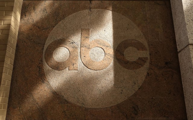 An ABC corporate logo hangs on the side of their building on 66th Street on September 20, 2023, in New York City.