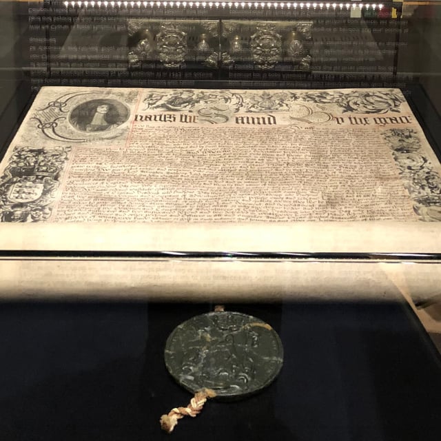 The 1670 royal charter signed by King Charles II establishing Hudson's Bay, is shown on display at the Manitoba Museum where it was loaned to be displayed alongside its permanent collection of Hudson's Bay artifacts, in this 2020 handout photo. THE CANADIAN PRESS/Handout -  Manitoba Museum  (Mandatory Credit)