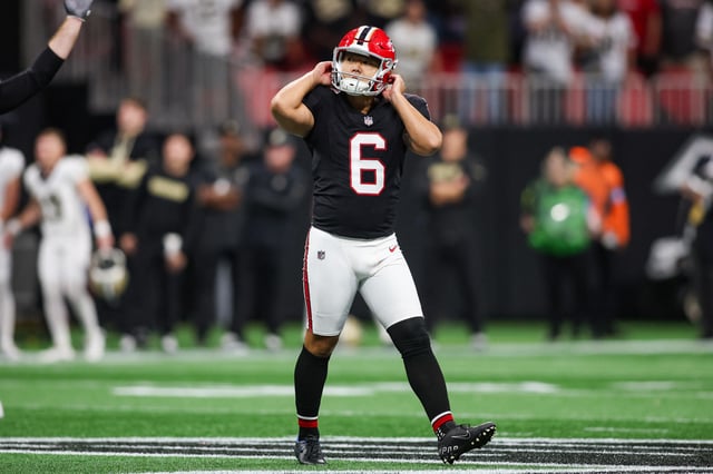 Sep 29, 2024; Atlanta, Georgia, USA; Atlanta Falcons place kicker Younghoe Koo (6) reacts after kicking the game-winning field goal against the New Orleans Saints in the fourth quarter at Mercedes-Benz Stadium. Mandatory Credit: Brett Davis-Imagn Images/File Photo