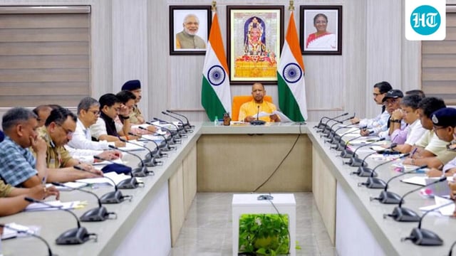 Uttar Pradesh chief minister Yogi Adityanath chairing a review meeting on Friday. (PTI PHOTO)