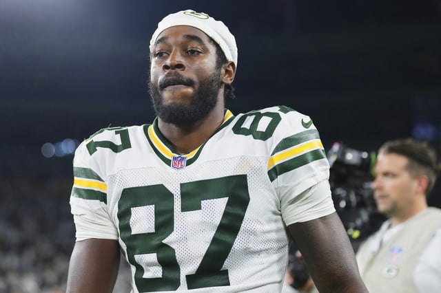 Romeo Doubs #87 of the Green Bay Packers walks off of the field after an NFL football game against the Washington Commanders during at Lambeau Field on September 11, 2025 in Green Bay, Wisconsin.