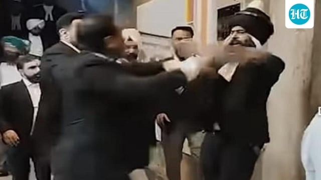 High drama was seen on Wednesday as the suspended lawyer Simranjit Singh Blassi, wearing a nihang attire underneath his suit, allegedly attacked and threatened lawyers with a sword, reportedly in support of lawyer Ravneet Kaur. (HT)